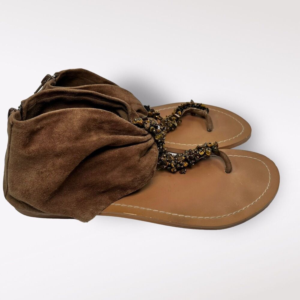 Steve Madden Women’s Leather Thongs Sandals 9.5 Tigers Eye Stones Ankle Zip Boho